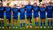 17 May 2025; Leinster players, from left, Jack Conan, Dan Sheehan, Scott Penny, Tommy O'Brien, RG Snyman, Jordie Barrett, Thomas Clarkson and Ryan Baird before the United Rugby Championship match between Leinster and Glasgow Warriors at the Aviva Stadium in Dublin. Photo by Ramsey Cardy/Sportsfile