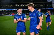 17 May 2025; Jimmy O'Brien, left, and Jordie Barrett of Leinster after the United Rugby Championship match between Leinster and Glasgow Warriors at the Aviva Stadium in Dublin. Photo by Ramsey Cardy/Sportsfile