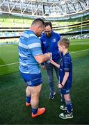 17 May 2025; Mascot Harry Dunne with Cian Healy before the United Rugby Championship match between Leinster and Glasgow Warriors at the Aviva Stadium in Dublin. Photo by Ramsey Cardy/Sportsfile