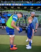17 May 2025; Mascot Luca Finn O'Neill with Josh van der Flier before the United Rugby Championship match between Leinster and Glasgow Warriors at the Aviva Stadium in Dublin. Photo by Ramsey Cardy/Sportsfile