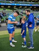 17 May 2025; Mascot Harry Dunne with Jimmy O'Brien before the United Rugby Championship match between Leinster and Glasgow Warriors at the Aviva Stadium in Dublin. Photo by Ramsey Cardy/Sportsfile