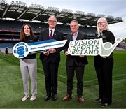 19 May 2025; Croke Park today launched their Audio Descriptive Commentary in association with Vision Sports Ireland. In attendence at the launch, are, Uachtarán Chumann Lúthchleas Gael Jarlath Burns, Croke Park Stadium Director Peter McKenna, Rosie Keogh, Operations and Communications Co-Ordinator at Vision Sports Ireland, left, and Sara McFadden, Partnerships and Operations Co-Ordinator, Vision Sports Ireland. Photo by David Fitzgerald/Sportsfile