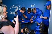 17 May 2025; Leinster players Rob Russell, Rabah Slimani and Garry Ringrose with supporters in Autograph Alley before the United Rugby Championship match between Leinster and Glasgow Warriors at the Aviva Stadium in Dublin. Photo by Sam Barnes/Sportsfile