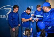 17 May 2025; Leinster players Rob Russell, Rabah Slimani and Garry Ringrose with supporters in Autograph Alley before the United Rugby Championship match between Leinster and Glasgow Warriors at the Aviva Stadium in Dublin. Photo by Sam Barnes/Sportsfile