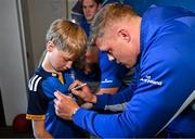 17 May 2025; Leinster players Rob Russell, Rabah Slimani and Garry Ringrose with supporters in Autograph Alley before the United Rugby Championship match between Leinster and Glasgow Warriors at the Aviva Stadium in Dublin. Photo by Sam Barnes/Sportsfile