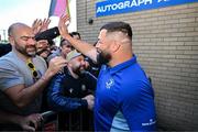 17 May 2025; Leinster players Rob Russell, Rabah Slimani and Garry Ringrose with supporters in Autograph Alley before the United Rugby Championship match between Leinster and Glasgow Warriors at the Aviva Stadium in Dublin. Photo by Sam Barnes/Sportsfile