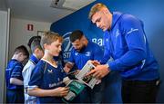 17 May 2025; Leinster players Garry Ringrose, right, and Rabah Slimani with supporters in Autograph Alley before the United Rugby Championship match between Leinster and Glasgow Warriors at the Aviva Stadium in Dublin. Photo by Sam Barnes/Sportsfile