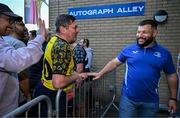 17 May 2025; Leinster players Rob Russell, Rabah Slimani and Garry Ringrose with supporters in Autograph Alley before the United Rugby Championship match between Leinster and Glasgow Warriors at the Aviva Stadium in Dublin. Photo by Sam Barnes/Sportsfile