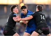 17 May 2025; Jimmy O'Brien of Leinster is tackled by, Huw Jones, left, and Sebastian Cancelliere of Glasgow Warriors during the United Rugby Championship match between Leinster and Glasgow Warriors at the Aviva Stadium in Dublin. Photo by Sam Barnes/Sportsfile