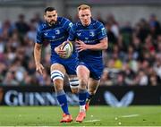 17 May 2025; Ciarán Frawley of Leinster, supported by teammate Max Deegan during the United Rugby Championship match between Leinster and Glasgow Warriors at the Aviva Stadium in Dublin. Photo by Sam Barnes/Sportsfile