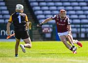 17 May 2025; Conor Whelan of Galway in action against Antrim goalkeeper Ryan Elliott during the Leinster GAA Hurling Senior Championship Round 4 match between Galway and Antrim at Pearse Stadium in Galway. Photo by Piaras Ó Mídheach/Sportsfile