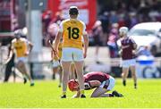 17 May 2025; Declan McCloskey of Antrim, 18, alongside Tom Monaghan of Galway after a tussle, before McCloskey was sent off by referee Thomas Gleeson, during the Leinster GAA Hurling Senior Championship Round 4 match between Galway and Antrim at Pearse Stadium in Galway. Photo by Piaras Ó Mídheach/Sportsfile
