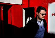 19 May 2025; A Shelbourne supporter makes their way into the stadium before the SSE Airtricity Men's Premier Division match between Shelbourne and Drogheda United at Tolka Park in Dublin. Photo by Tyler Miller/Sportsfile