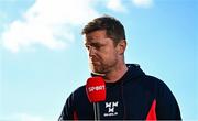 19 May 2025; Shelbourne manager Damien Duff is interviewed for Virgin Media Sport before the SSE Airtricity Men's Premier Division match between Shelbourne and Drogheda United at Tolka Park in Dublin. Photo by Tyler Miller/Sportsfile