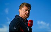 19 May 2025; Shelbourne manager Damien Duff is interviewed for Virgin Media Sport before the SSE Airtricity Men's Premier Division match between Shelbourne and Drogheda United at Tolka Park in Dublin. Photo by Tyler Miller/Sportsfile