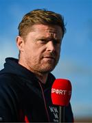 19 May 2025; Shelbourne manager Damien Duff is interviewed for Virgin Media Sport before the SSE Airtricity Men's Premier Division match between Shelbourne and Drogheda United at Tolka Park in Dublin. Photo by Tyler Miller/Sportsfile
