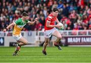 19 May 2025; Tom Maguire of Louth in action against Charlie Duffy of Offaly during the Electric Ireland Leinster GAA Football Minor Championship final match between Offaly and Louth at Cedral St Conleth's Park in Newbridge, Kildare. Photo by Piaras Ó Mídheach/Sportsfile