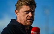 19 May 2025; Shelbourne manager Damien Duff is interviewed for Virgin Media Sport before the SSE Airtricity Men's Premier Division match between Shelbourne and Drogheda United at Tolka Park in Dublin. Photo by Tyler Miller/Sportsfile