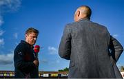 19 May 2025; Shelbourne manager Damien Duff is interviewed by Virgin Media Sport commentator David McIntyre before the SSE Airtricity Men's Premier Division match between Shelbourne and Drogheda United at Tolka Park in Dublin. Photo by Tyler Miller/Sportsfile