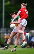 19 May 2025; Charlie Duffy of Offaly in action against Cillian McQuillan of Louth during the Electric Ireland Leinster GAA Football Minor Championship final match between Offaly and Louth at Cedral St Conleth's Park in Newbridge, Kildare. Photo by Piaras Ó Mídheach/Sportsfile
