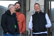 19 May 2025; Republic of Ireland head coach Heimir Hallgrimsson, right, with Neil O'Riordan of The Irish Sun, left, and Nathan Murphy of Off The Ball before the SSE Airtricity Men's Premier Division match between Shamrock Rovers and St Patrick's Athletic at Tallaght Stadium in Dublin. Photo by Stephen McCarthy/Sportsfile