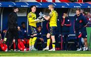 19 May 2025; Shelbourne goalkeeper Conor Kearns, right, is substituted in the first-half by team-mate Lorcan Healy after sustaining an injury during the SSE Airtricity Men's Premier Division match between Shelbourne and Drogheda United at Tolka Park in Dublin. Photo by Tyler Miller/Sportsfile