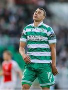 19 May 2025; Graham Burke of Shamrock Rovers reacts to a missed opportunity on goal during the SSE Airtricity Men's Premier Division match between Shamrock Rovers and St Patrick's Athletic at Tallaght Stadium in Dublin. Photo by Thomas Flinkow/Sportsfile