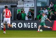 19 May 2025; Michael Noonan of Shamrock Rovers shoots to score his side's first goal during the SSE Airtricity Men's Premier Division match between Shamrock Rovers and St Patrick's Athletic at Tallaght Stadium in Dublin. Photo by Stephen McCarthy/Sportsfile