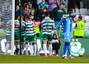 19 May 2025; St Patrick's Athletic goalkeeper Joseph Anang after Michael Noonan of Shamrock Rovers scored their first goal during the SSE Airtricity Men's Premier Division match between Shamrock Rovers and St Patrick's Athletic at Tallaght Stadium in Dublin. Photo by Stephen McCarthy/Sportsfile