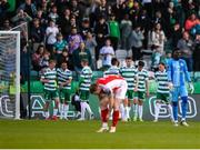 19 May 2025; St Patrick's Athletic goalkeeper Joseph Anang after Michael Noonan of Shamrock Rovers scored their first goal during the SSE Airtricity Men's Premier Division match between Shamrock Rovers and St Patrick's Athletic at Tallaght Stadium in Dublin. Photo by Stephen McCarthy/Sportsfile