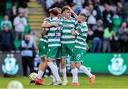19 May 2025; Michael Noonan of Shamrock Rovers, left, celebrates with teammates, from left, Danny Grant, Matt Healy, and Jack Byrne after scoring his side's first goal during the SSE Airtricity Men's Premier Division match between Shamrock Rovers and St Patrick's Athletic at Tallaght Stadium in Dublin. Photo by Thomas Flinkow/Sportsfile