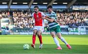 19 May 2025; Zach Elbouzedi of St Patrick's Athletic is tackled by Josh Honohan of Shamrock Rovers during the SSE Airtricity Men's Premier Division match between Shamrock Rovers and St Patrick's Athletic at Tallaght Stadium in Dublin. Photo by Stephen McCarthy/Sportsfile