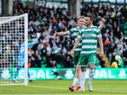 19 May 2025; Graham Burke of Shamrock Rovers celebrates with teammate Michael Noonan after scoring his side's second goal during the SSE Airtricity Men's Premier Division match between Shamrock Rovers and St Patrick's Athletic at Tallaght Stadium in Dublin. Photo by Thomas Flinkow/Sportsfile