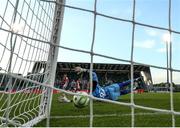 19 May 2025; St Patrick's Athletic goalkeeper Joseph Anang is beaten by Graham Burke of Shamrock Rovers for Shamrock Rover's second goal during the SSE Airtricity Men's Premier Division match between Shamrock Rovers and St Patrick's Athletic at Tallaght Stadium in Dublin. Photo by Thomas Flinkow/Sportsfile