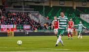 19 May 2025; Graham Burke of Shamrock Rovers shoots to score his side's third goal during the SSE Airtricity Men's Premier Division match between Shamrock Rovers and St Patrick's Athletic at Tallaght Stadium in Dublin. Photo by Stephen McCarthy/Sportsfile