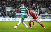19 May 2025; Graham Burke of Shamrock Rovers in action against Brandon Kavanagh of St Patrick's Athletic during the SSE Airtricity Men's Premier Division match between Shamrock Rovers and St Patrick's Athletic at Tallaght Stadium in Dublin. Photo by Stephen McCarthy/Sportsfile