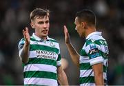19 May 2025; Matt Healy of Shamrock Rovers congratulates team-mate Graham Burke, right, on scoring their third goal during the SSE Airtricity Men's Premier Division match between Shamrock Rovers and St Patrick's Athletic at Tallaght Stadium in Dublin. Photo by Stephen McCarthy/Sportsfile