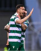 19 May 2025; Aaron Greene of Shamrock Rovers celebrates with team-mate Trevor Clarke after scoring their side's fourth goal during the SSE Airtricity Men's Premier Division match between Shamrock Rovers and St Patrick's Athletic at Tallaght Stadium in Dublin. Photo by Stephen McCarthy/Sportsfile
