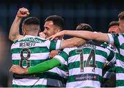 19 May 2025; Aaron Greene celebrates with Shamrock Rovers team-mates after scoring their side's fourth goal during the SSE Airtricity Men's Premier Division match between Shamrock Rovers and St Patrick's Athletic at Tallaght Stadium in Dublin. Photo by Stephen McCarthy/Sportsfile