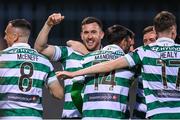 19 May 2025; Aaron Greene celebrates with Shamrock Rovers team-mates after scoring their side's fourth goal during the SSE Airtricity Men's Premier Division match between Shamrock Rovers and St Patrick's Athletic at Tallaght Stadium in Dublin. Photo by Stephen McCarthy/Sportsfile