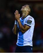 19 May 2025; Douglas James-Taylor of Drogheda United reacts during the SSE Airtricity Men's Premier Division match between Shelbourne and Drogheda United at Tolka Park in Dublin. Photo by Tyler Miller/Sportsfile