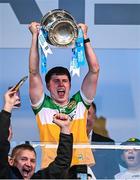 19 May 2025; Offaly captain Cian McNamee lifts the cup after his side's victory in the Electric Ireland Leinster GAA Football Minor Championship final match between Offaly and Louth at Cedral St Conleth's Park in Newbridge, Kildare. Photo by Piaras Ó Mídheach/Sportsfile