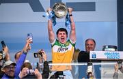 19 May 2025; Offaly captain Cian McNamee lifts the cup after his side's victory in the Electric Ireland Leinster GAA Football Minor Championship final match between Offaly and Louth at Cedral St Conleth's Park in Newbridge, Kildare. Photo by Piaras Ó Mídheach/Sportsfile