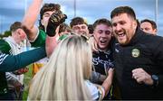 19 May 2025; Offaly goalkeeper Jack Ryan celebrates with supporters after his side's victory in the Electric Ireland Leinster GAA Football Minor Championship final match between Offaly and Louth at Cedral St Conleth's Park in Newbridge, Kildare. Photo by Piaras Ó Mídheach/Sportsfile
