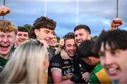 19 May 2025; Offaly goalkeeper Jack Ryan, centre, celebrates with supporters after his side's victory in the Electric Ireland Leinster GAA Football Minor Championship final match between Offaly and Louth at Cedral St Conleth's Park in Newbridge, Kildare. Photo by Piaras Ó Mídheach/Sportsfile