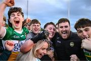 19 May 2025; Offaly goalkeeper Jack Ryan, centre, celebrates with supporters after his side's victory in the Electric Ireland Leinster GAA Football Minor Championship final match between Offaly and Louth at Cedral St Conleth's Park in Newbridge, Kildare. Photo by Piaras Ó Mídheach/Sportsfile