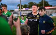 19 May 2025; Offaly goalkeeper Jack Ryan celebrates with supporters after his side's victory in the Electric Ireland Leinster GAA Football Minor Championship final match between Offaly and Louth at Cedral St Conleth's Park in Newbridge, Kildare. Photo by Piaras Ó Mídheach/Sportsfile