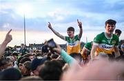 19 May 2025; Dermot Crombie of Offaly, 23, is held aloft by supporters after victory in the Electric Ireland Leinster GAA Football Minor Championship final match between Offaly and Louth at Cedral St Conleth's Park in Newbridge, Kildare. Photo by Piaras Ó Mídheach/Sportsfile