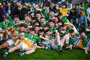 19 May 2025; Offaly players celebrate after their side's victory in the Electric Ireland Leinster GAA Football Minor Championship final match between Offaly and Louth at Cedral St Conleth's Park in Newbridge, Kildare. Photo by Piaras Ó Mídheach/Sportsfile