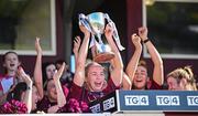 18 May 2025; Westmeath captain Fiona Coyle lifts the DS Consulting Cup after her side's victory in the TG4 Leinster LGFA Intermediate Championship final match between Laois and Westmeath at TEG Cusack Park in Mullingar, Westmeath. Photo by Seb Daly/Sportsfile
